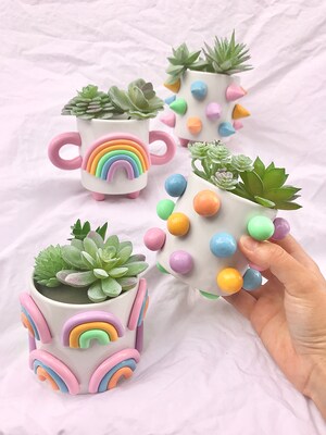 Retro Eclectic Colorful Planters, Cute Ceramic Planter, Rainbow Pot Planter, Modern ceramic planter, Boho home decor, plant lover gifts - image4
